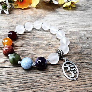 Chakra Gemstone Bracelet Agate Clear quartz Rock Crystal Beaded Healing Crystal Stone Yoga Zen Meditation Mala Jewelry Ohm Charm Pendant image 1