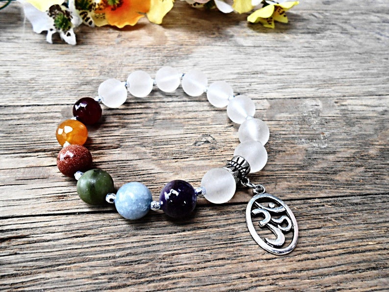 Chakra Gemstone Bracelet Agate Clear quartz Rock Crystal Beaded Healing Crystal Stone Yoga Zen Meditation Mala Jewelry Ohm Charm Pendant image 1