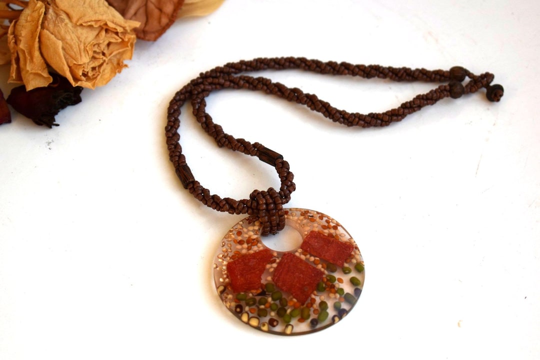 Pendant Necklace Brown Clear Resin Geometric Minimalist Round Etsy UK