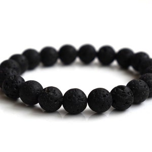 Lava Black Basalt Rock Mens Beaded Gemstone Bracelet Mala Healing Chakra Stone Crystal Yoga Boys Meditation Zen Prayer Taurus Cancer Gems
