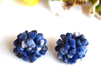 Raw Sodalite Blue Clip on Earrings Gemstone Flower Shaped Bohemian Crystal Clipon Earrings Boho Chic Cut Rough Gem Stone Women Girl Gift Art