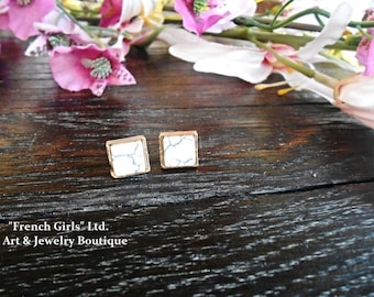 Square Tiny Stud White Howlite Post Gemstone Geometric Minimalist Earrings Gold Women Girl Gift Bohemian Boho Crystal Jewelry Fashion Stone