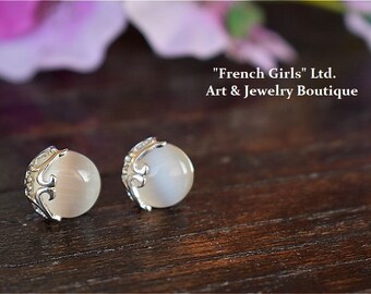 Oval Tiny Stud White Opal Post Gemstone Geometric Minimalist Earrings Circle Silver Round Women Girl Gift Bohemian Boho Crystal Jewelry