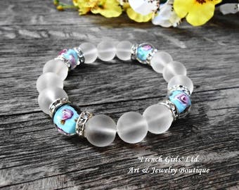 Clear Quartz Gemstone Bracelet Rock Crystal Healing Stone Yoga Bracelet Murano Glass Blue Flower Lampwork Bead Fashion Jewelry Boho Bohemian