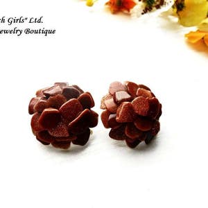 Raw Sandstone Clip on Earrings Gemstone Flower Shaped Brown Gold Aventurine Bohemian Boho Floral Gems Clipon Healing Crystal Stone Earrings image 3