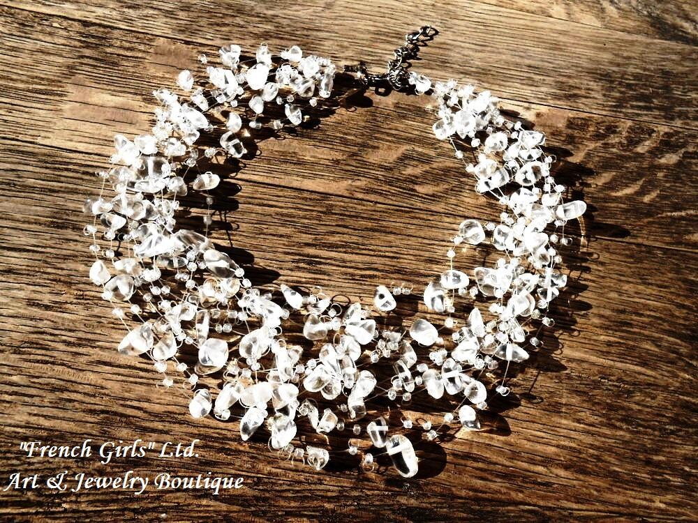 Raw Rock Crystal Clear Quartz Gemstone Floating Multistrand Women Crochet Necklace Air Invisible White Healing Stone Boho Bohemian Jewelry