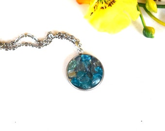 Raw Blue Apatite Pendant Necklace Raw Stone Jewelry Gemstone Healing Crystal Gift Silver Steel Chain Gem Chakra Reiki Oval Minimalist
