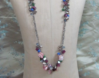 Beautiful Colorful Stone and Glass Beaded Silver Long Necklace  35" Inch So Pretty! // Affordable Jewelry!!! many to choose from