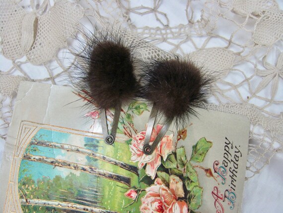 Brown Real Mink Fur Pom Pom Hair Clips - Hair Clip Barrette  display picture 1