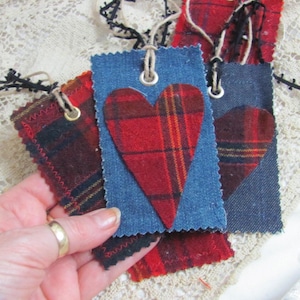 6 belles étiquettes volantes en tissu denim à carreaux en laine//décoration d'intérieur textile vintage originale faite main///prêt à expédier