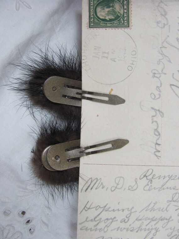 Vintage Brown Mink Fur Hair Clip Brown Mink Fur Pillbox Hat Vintage Lined Attached Hair Clips  main image 3