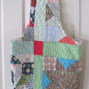 Handmade Fabric Tote Grocery Market Shopping Bag Long Single Handle - Reusable - Unique Upcycled Fabrics Vintage Cotton Quilt