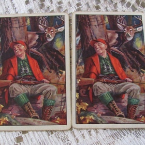2 carte da gioco retrò vintage da collezione Single Swap - Deer Hunter Hunting Woods Mid Century Cards **SPEDIZIONE GRATUITA**