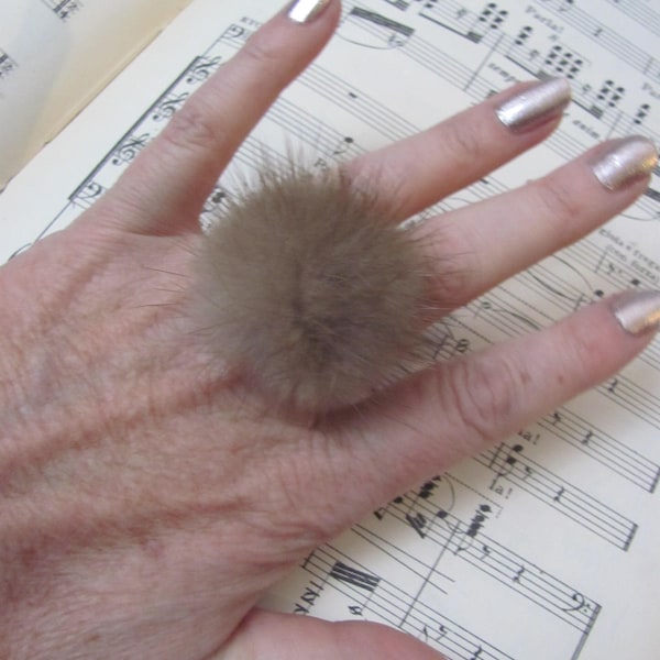 Vintage Brown Mink Fur Pom Pom Filagree Metal Ring Adjustable Size - More Mink Jewelry in my shop!!