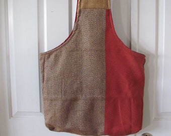 Handmade Fabric Tote Grocery Market Shopping Bag Long Single Handle Reusable - Unique Upcycled Fabrics Linens Vintage Cotton