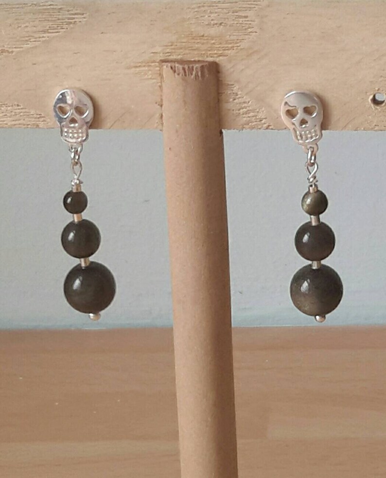 Golden Sheen Obsidian and Sterling Silver Sugar Skull Drop Earrings