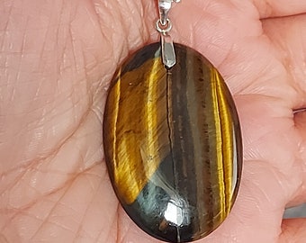 Tiger's Eye Cabochon Pendant With 22" Sterling Silver Rolo Chain