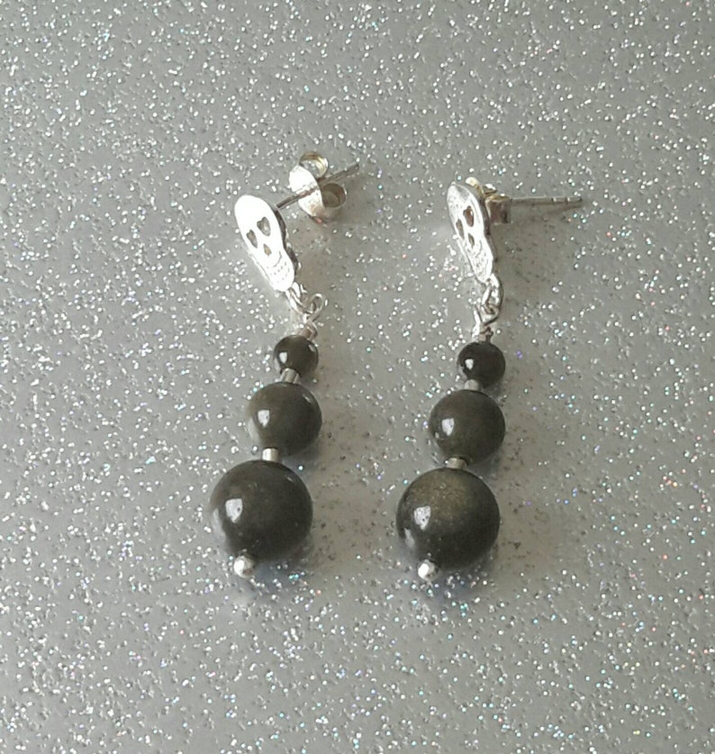 Golden Sheen Obsidian and Sterling Silver Sugar Skull Drop Earrings