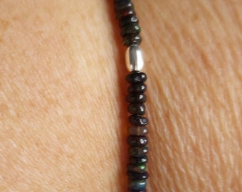 Black Ethiopian Opal and Sterling Silver Slider Bracelet
