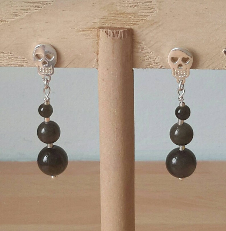 Golden Sheen Obsidian and Sterling Silver Sugar Skull Drop Earrings