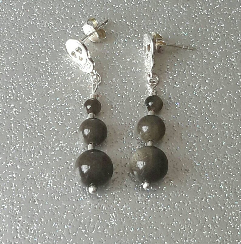 Golden Sheen Obsidian and Sterling Silver Sugar Skull Drop Earrings