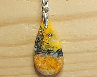 Bumble Bee Jasper Cabochon Teardrop Pendant With 18" Sterling Silver Diamond Cut Curb Chain