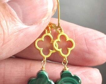Boucles D'oreilles Dormeuses En Malachite Véritable - Haut 3,2 Cm, Acier Chirurgical, Neuf Avec étiquettes