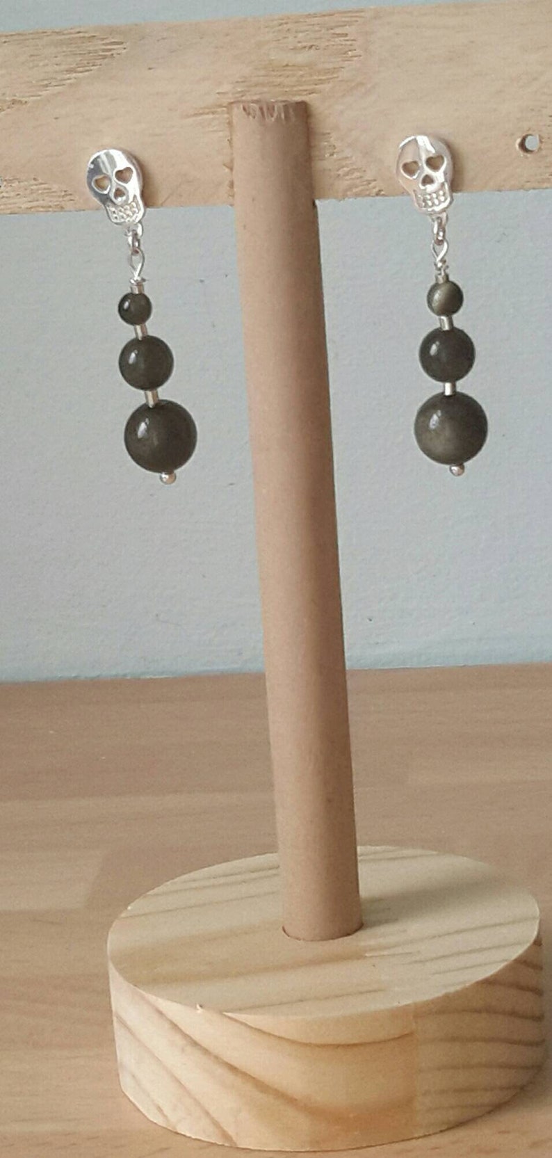 Golden Sheen Obsidian and Sterling Silver Sugar Skull Drop Earrings