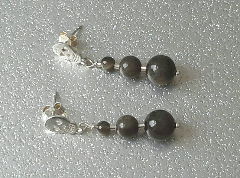 Golden Sheen Obsidian and Sterling Silver Sugar Skull Drop Earrings