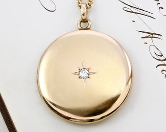 Antique Gold & Diamond Locket Necklace, Large Edwardian 14k Yellow Gold Engraved Star Locket, Bridal Jewelry Anniversary Gift