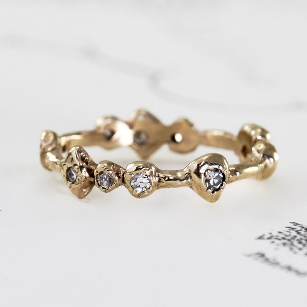 Diamond Eternity Band, 14k Hammered Recycled Yellow Gold, Organic Rustic Wedding Engagement Stacking Ring Jewelry, Single Cut Diamond