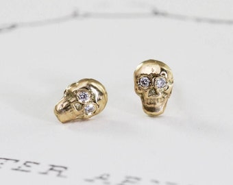 Tiny 14k & Diamond Skull Stud Earrings
