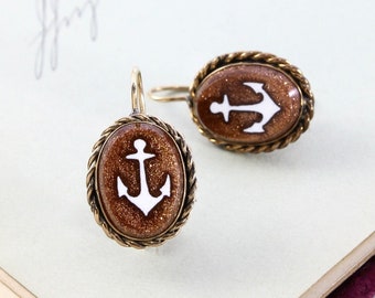 Antique Victorian Aventurine Glass Anchor Earrings