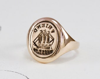Antique Style 10k Rose Gold Signet Ring, Rebus Friendship Intaglio