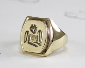 Handmade 10k Gold Winged Devil Intaglio Signet Ring