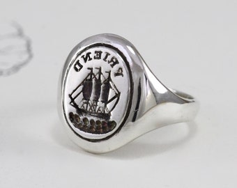 Antique Style Friendship Signet Ring, Sterling Silver Intaglio Friend Ship Rebus Jewelry