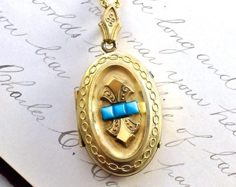 Antique Victorian Gold Filled & Turquoise Locket Necklace with Tintype Photograph Circa 1875