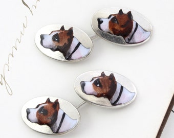 Antique Silver Dog Portrait Cufflinks, Double Faced Enamel Staffordshire Terrier Boxer Pit Bull American Bulldog, Dog Lover Groom Wedding