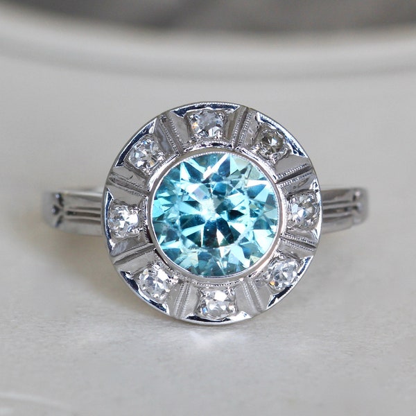 Vintage Blue Zircon & Diamond Halo Cluster Ring, Art Deco 18k White Gold Engagement Statement Cocktail Jewelry, December Birthstone