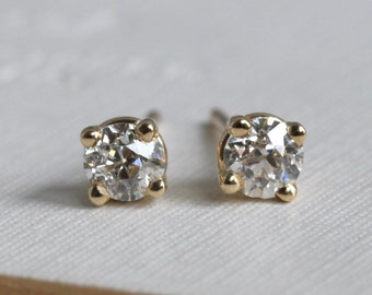 Old Mine Cut Diamond Stud Earrings, 14k Yellow Gold Studs, Antique OMC, .32 ctw