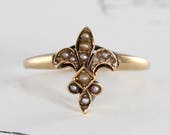Antique Pearl Fleur de Lis Ring, Edwardian 10k Yellow Gold Seed Pearls, French Paris France Symbol Jewelry