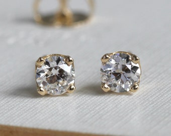 Old European Cut Diamond Stud Earrings, 14k Yellow Gold Studs, Antique OEC, .41 ctw