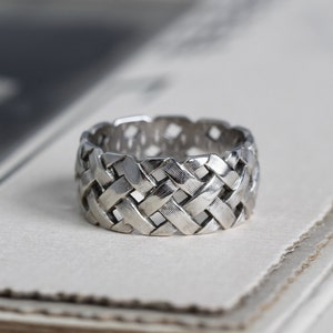 Wide 14k Basket Weave Wedding Band, Vintage White Gold Stacking Ring