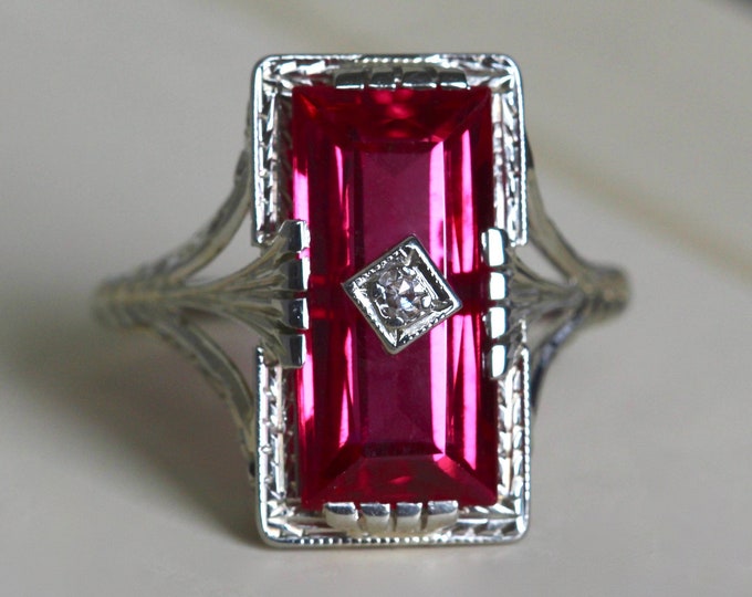 Art Deco Ruby & Diamond Filigree Ring Antique 18k White Gold - Etsy