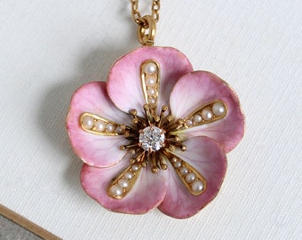 Antique Art Nouveau Pink Enamel, Diamond & Pearls Flower Necklace