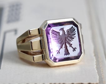 Antique 14k & Amethyst Eagle Intaglio Signet Ring, Heraldic Crest Statement Jewelry