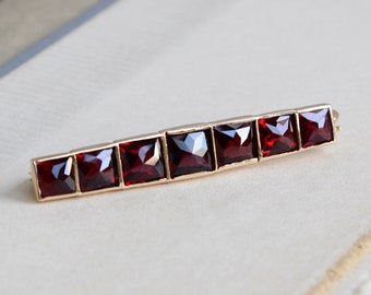 Antique 14k French Cut Garnet Bar Brooch Pin, January Birthstone, Garnet Jewelry