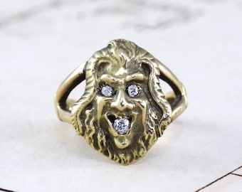 Antique 14k & Diamond Anemoi Ring, Bacchus Gargoyle Greenman Face