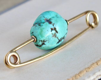 Antique 14k Turquoise Nugget Safety Pin Brooch