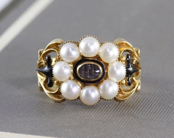 Antique Georgian 18k Mourning Ring, Pearl & Black Enamel with Woven Hair, Dated 1828